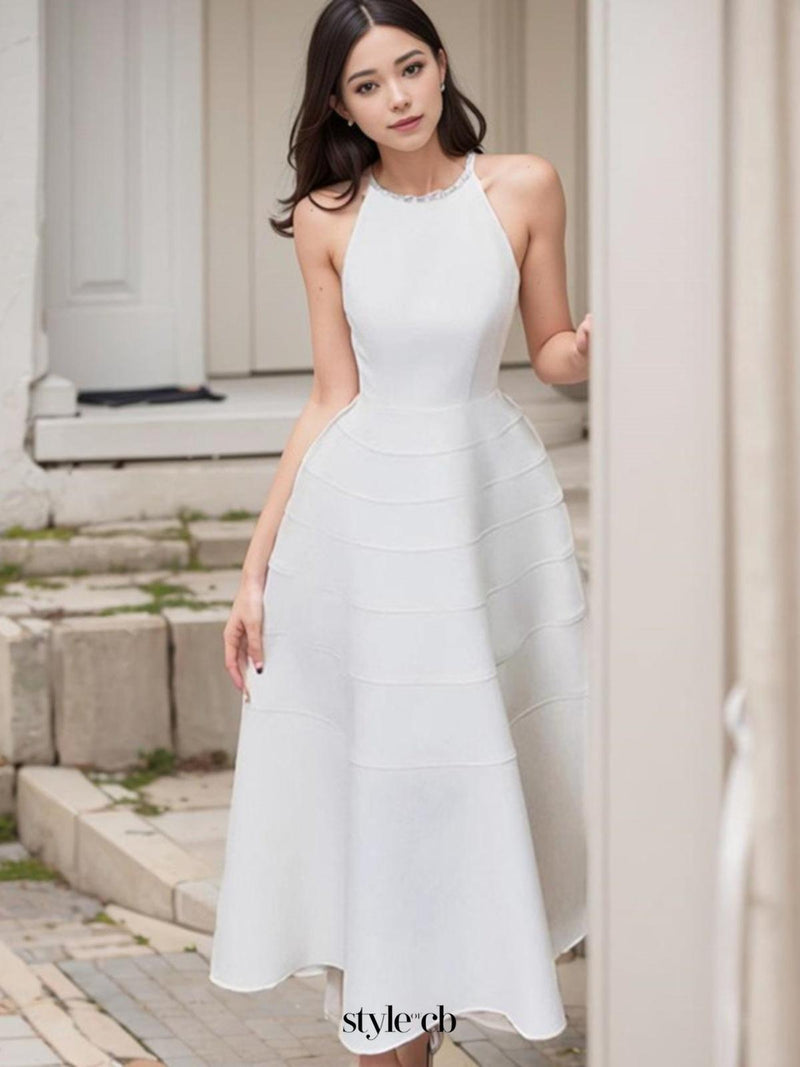 Sleeveless halter neck with diamond midi dress in white