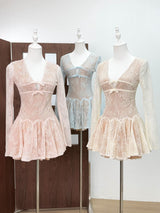 eileen Long-sleeve v-neck lace A-line mini dress in pink