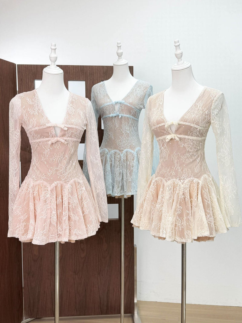 eileen Long-sleeve v-neck lace A-line mini dress in pink