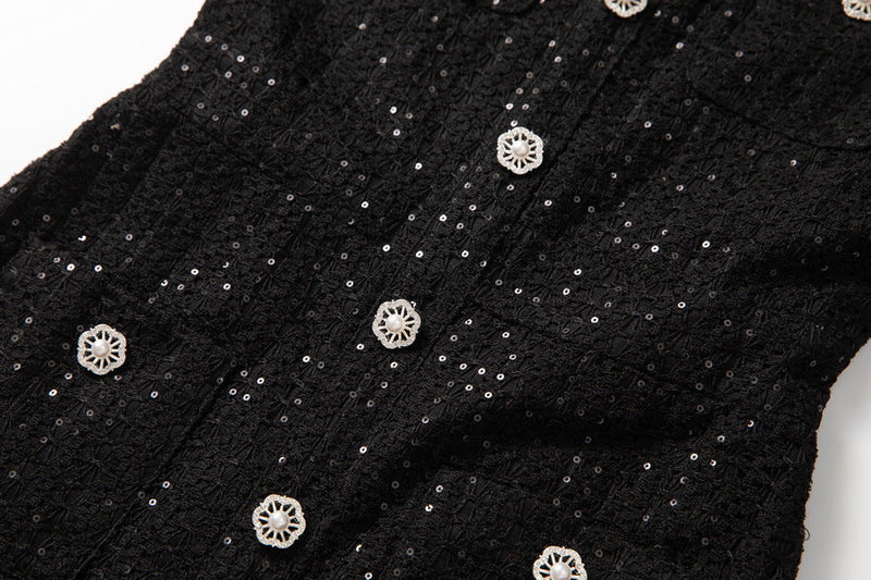 Round Neck Short Sleeves sequin Maxi Dress in black