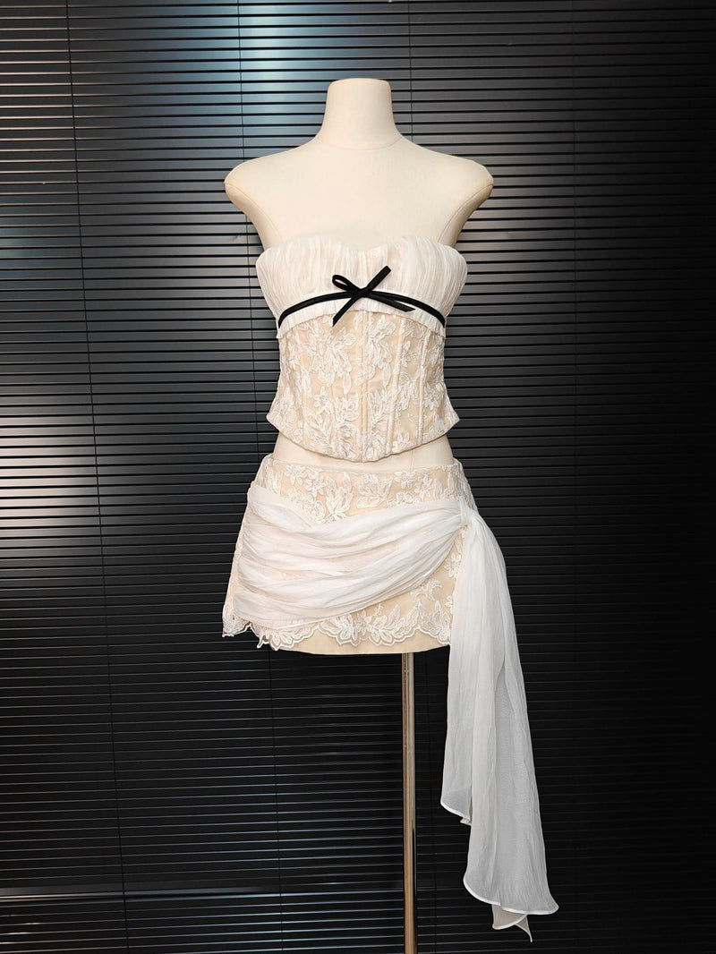 white Herringbone tube top floral ruffle mini dress suit