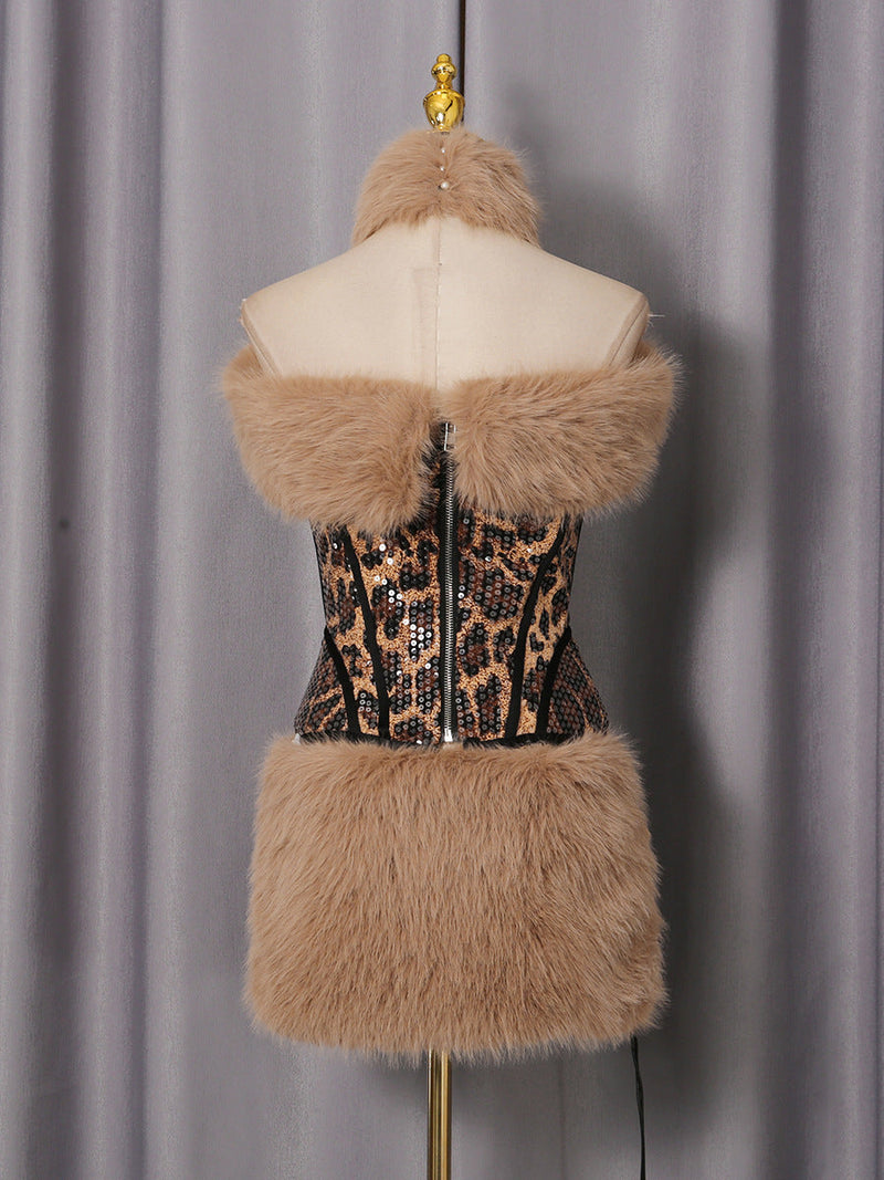 suzanne Leopard Fur Sequin Skirt Set