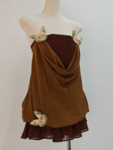 brown 3d Butterfly Fishbone Tunic Top Mini skirt Set