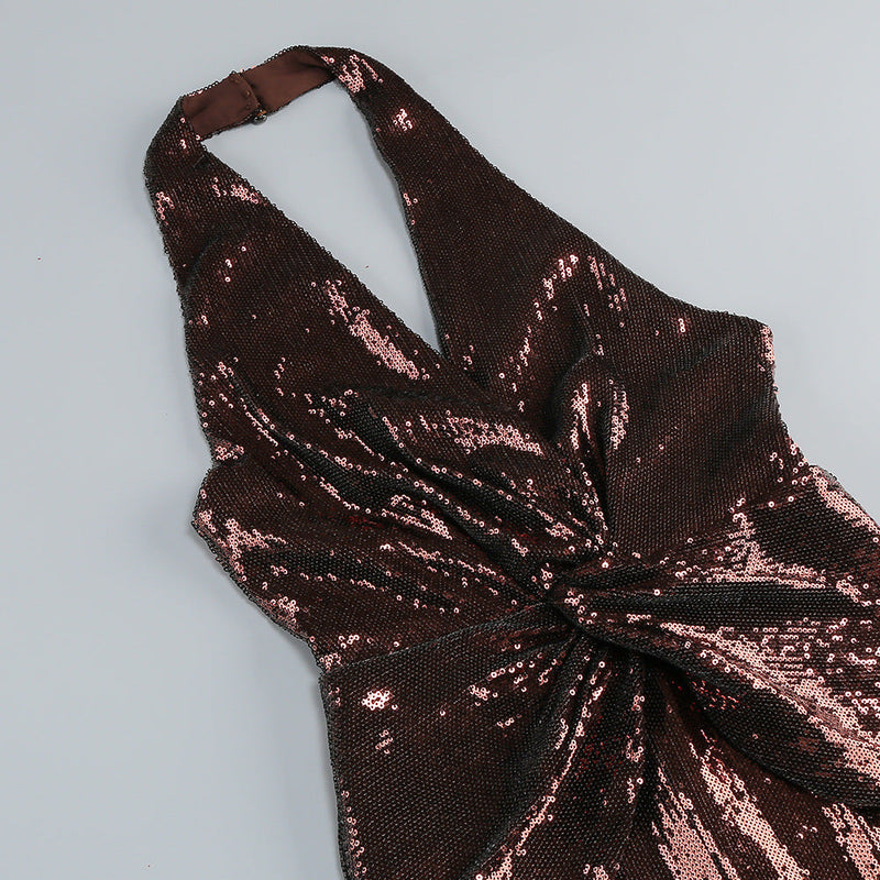 nora brown Sequin halterneck deep V high waist flared jumpsuit