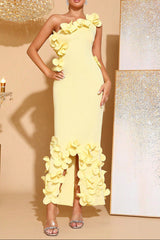 alma 3d flower one-shoulder bodycon maxi dress in yellow