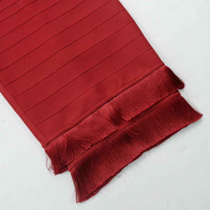 tassel bandage lace bodycon midi dress in burgundy