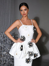 white bodycon midi dress Bandage elastic sling with handmade flower