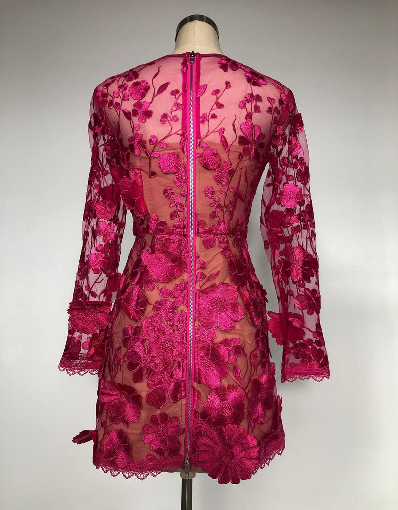 Rose red floral lace Long Sleeve Mini Dress