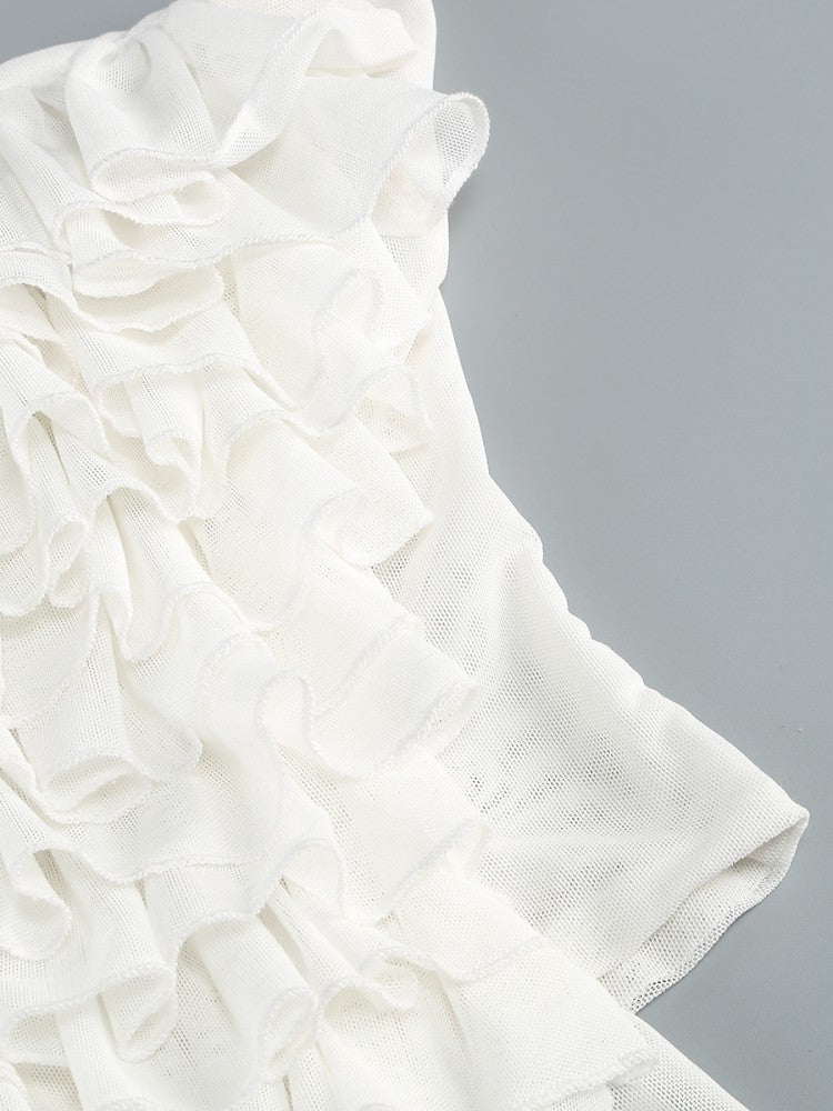 helen Halter Ruched Mesh Floral Mini Dress in white