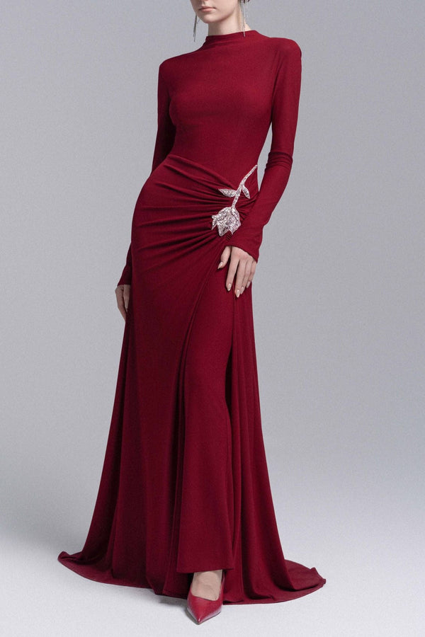 hedwig rose embellished gathered sheath gown in red