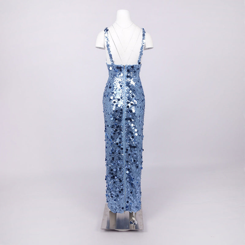 roberta Deep V-Neck Sequin Column Gown in blue