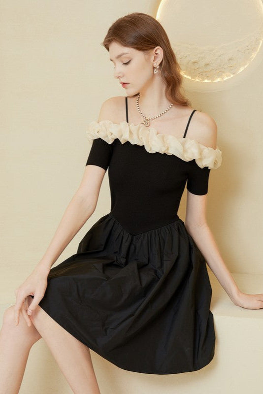 off-shoulder ruffle trim suspender mini dress in black
