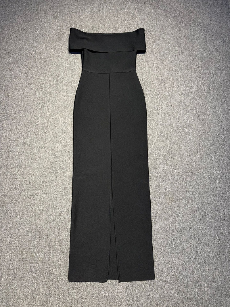 laurel Off-shoulder rhinestone bandage maxi dress in black