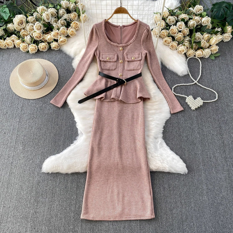 kitty U Neck Long Sleeve Falbala Knit Midi Dress in pink