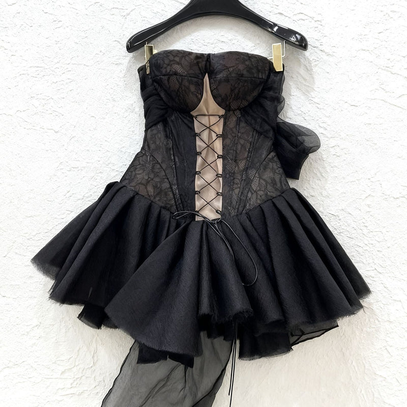 amelia Halter neck tube top with cross straps mini dress in black