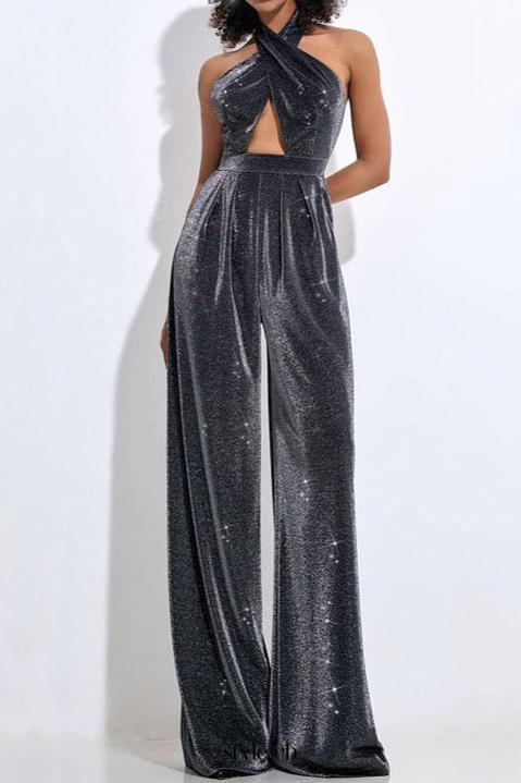 mirabelle halter jumpsuit in black silver