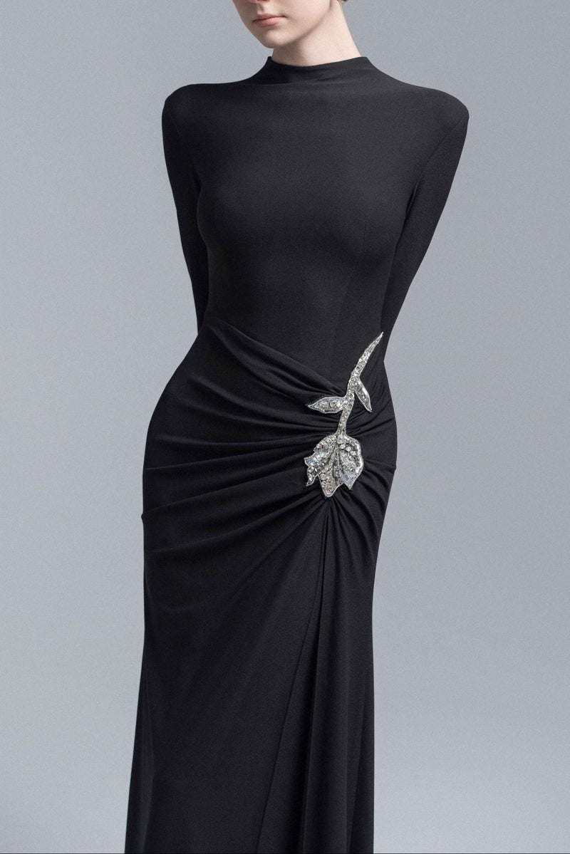 hedwig rose embellished gathered sheath gown in black