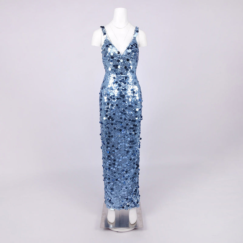 roberta Deep V-Neck Sequin Column Gown in blue