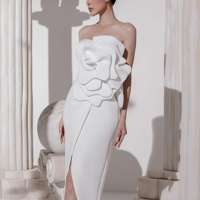 Valery 3d Flower Slit Midi Dress - White