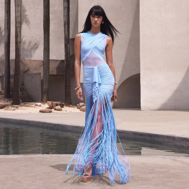 Fringe Mesh Ruched Maxi Dress