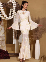 Trumpet sleeve hip-hugging mesh embroidery maxi dress in pale yellow
