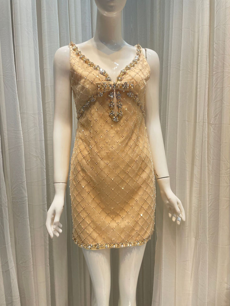 mona Embellished Rhinestone Sequin Mini Dress in yellow