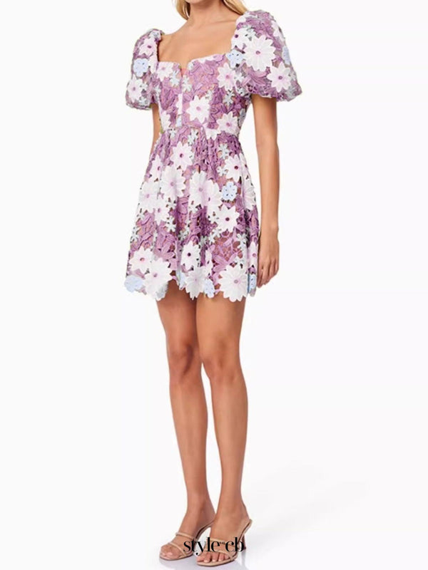winifred Hollow hook lace mini dress in purple