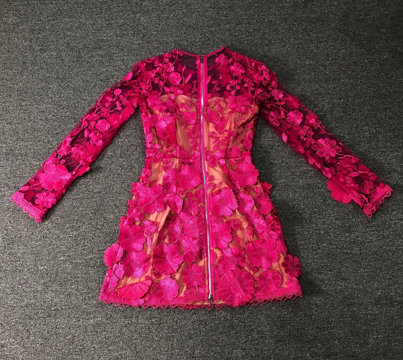 Rose red floral lace Long Sleeve Mini Dress