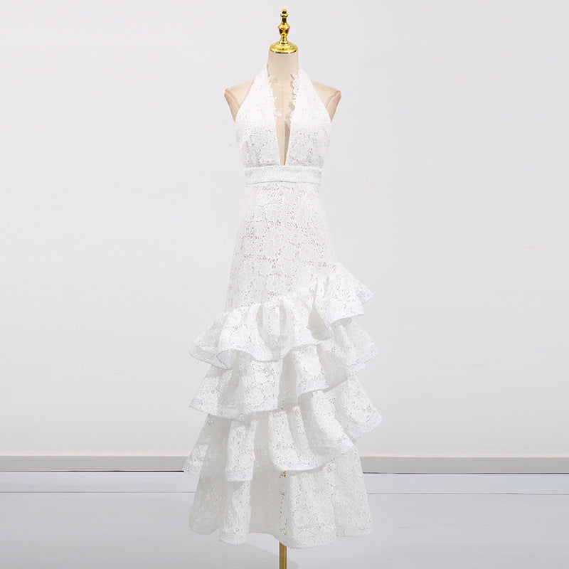 hazel white Deep V-neck halterneck layer ruffle trim maxi dress