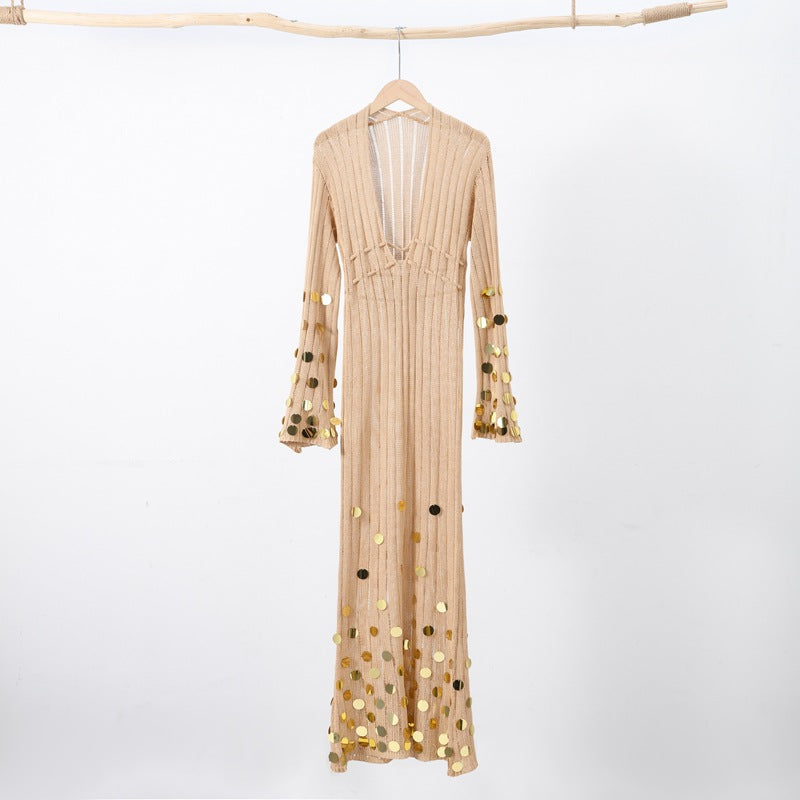 elma Golden Aura v-neck Knitted maxi Dress