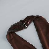 nora brown Sequin halterneck deep V high waist flared jumpsuit