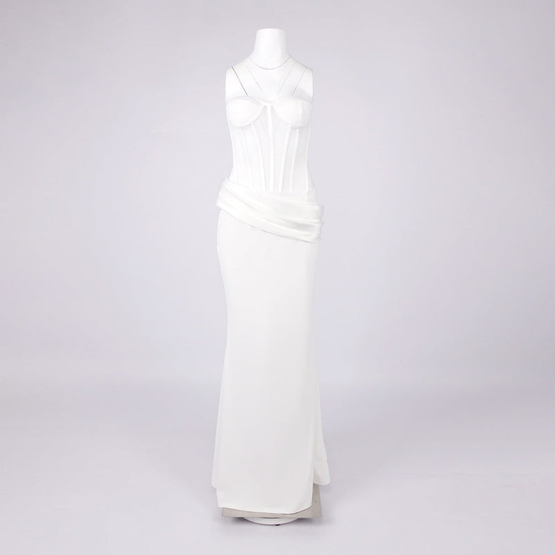priscilla Strapless Veiled Corset Maxi Dress in white