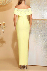 belen Pearl Beaded strapless maxi Bandage Dress in yellow