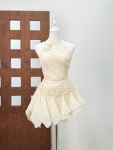 astrid Halter neck 3D flower lace puffy mini dress in white