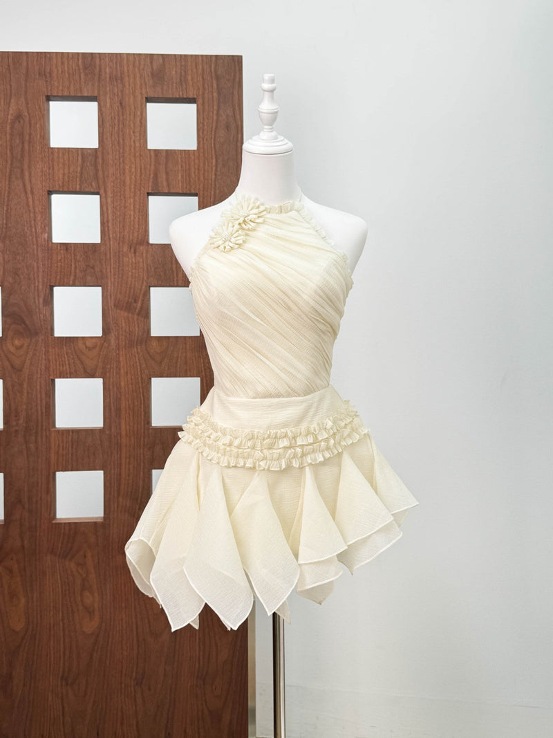 astrid Halter neck 3D flower lace puffy mini dress in white