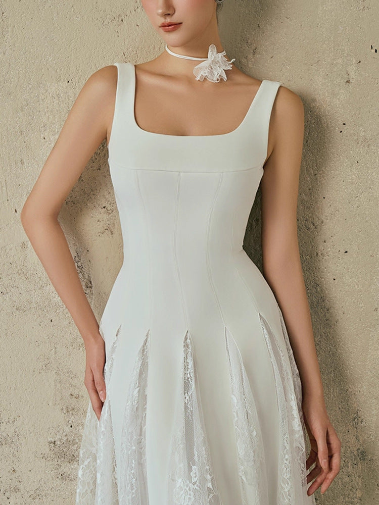 kitty square neck lace maxi dress in white