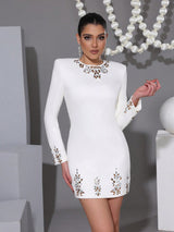 lorraine Rhinestone long-sleeve slim mini dress in white