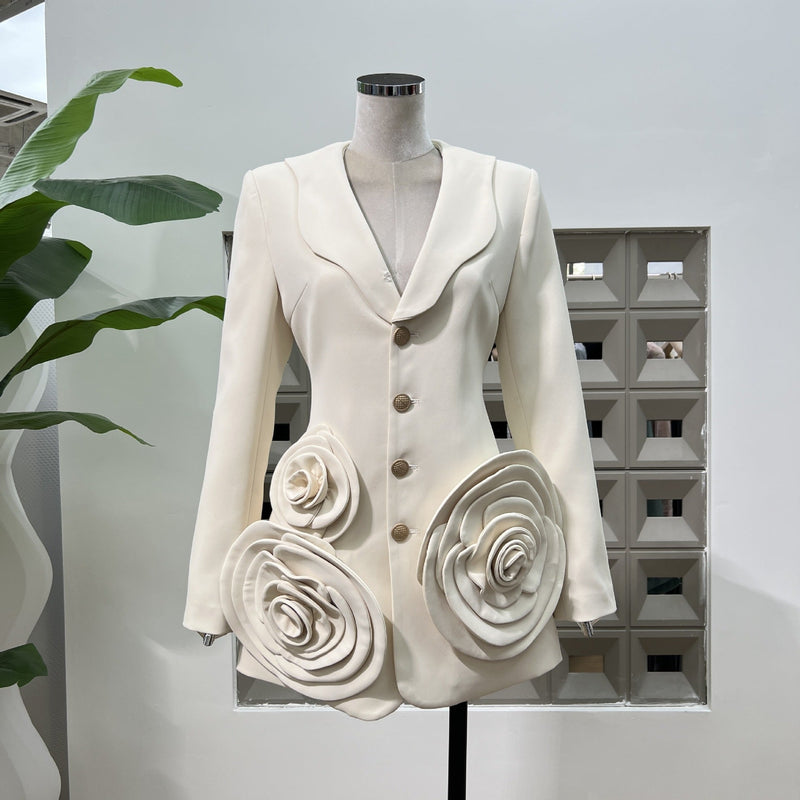 amanda Long Sleeve Button Up Flower Blazer in beige