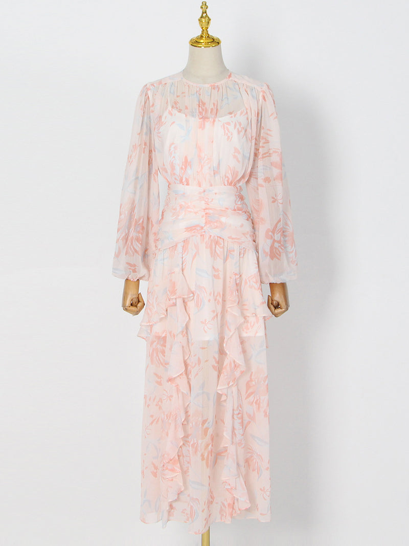 puff long sleeve tiered ruffle hem maxi dress in pink
