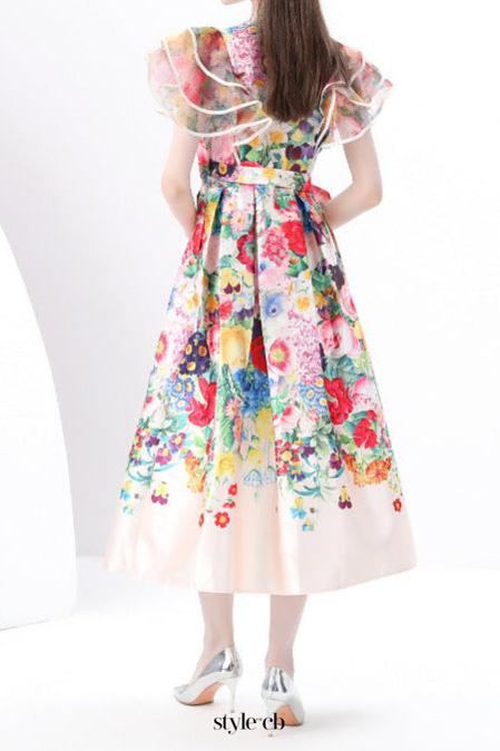 daphne ruffled a-line print midi dress