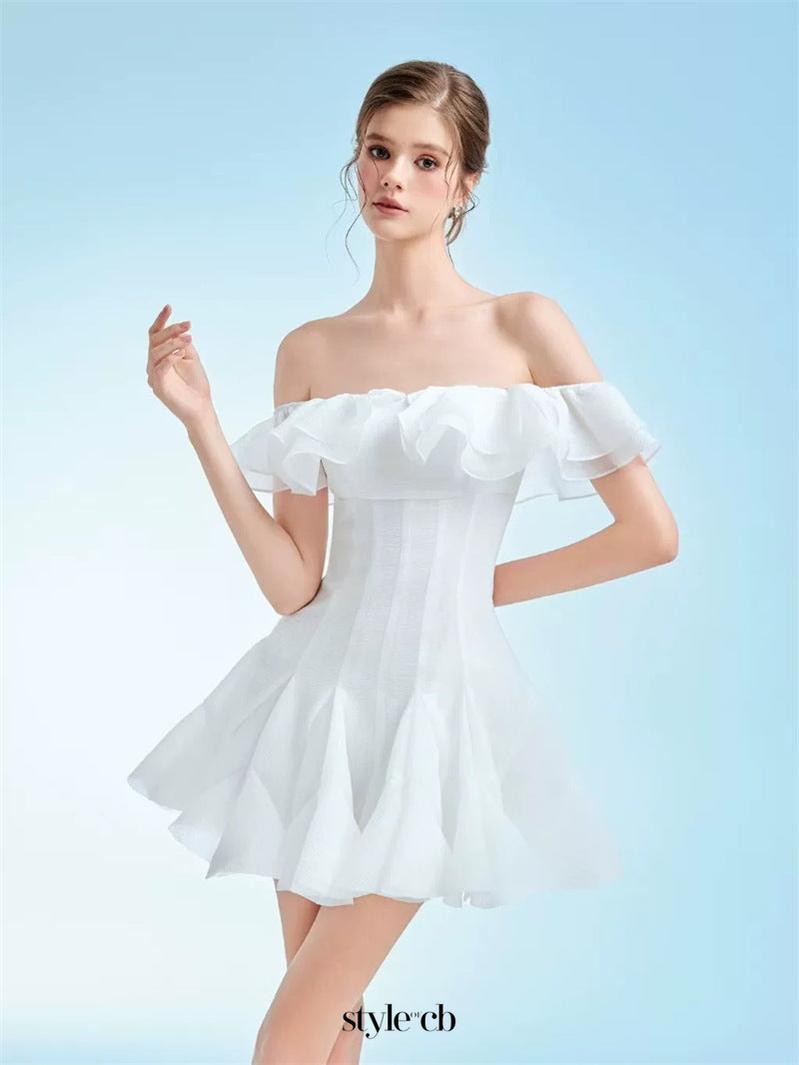 stephanie off-shoulder ruffle trim mini dress in white