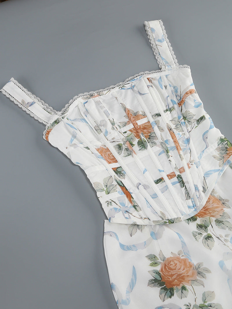 phoenix white Floral Print Fitted Corset Maxi Dress