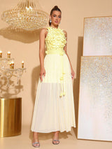 aurora 3D flower Splicing bandage mesh maxi dress in yellow