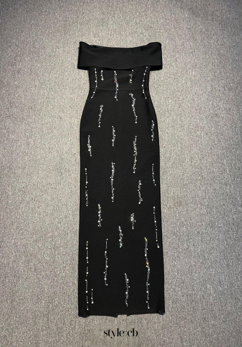 laurel Off-shoulder rhinestone bandage maxi dress in black