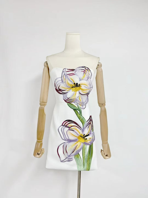 Rosario Appliqué Floral Bustier Mini Dress in white