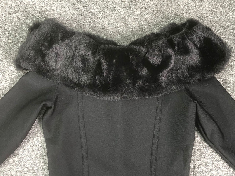 Fuzzy Trim Split Bodycon strapless midi Dress in black