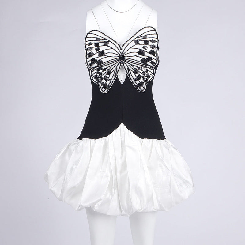 Butterfly Embroidered Bodice Puffball mini Dress in black