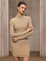 Khaki Tassel Rhinestone Mesh Pearl Hip-Wrap mini Dress