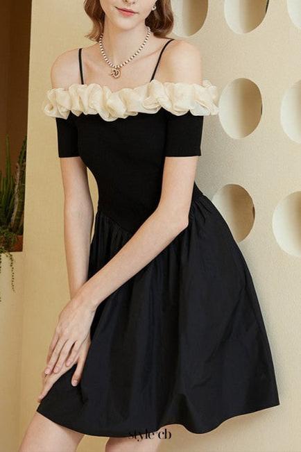 off-shoulder ruffle trim suspender mini dress in black