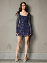 amanda navy Long Sleeve Rhinestone Mesh Mini Dress